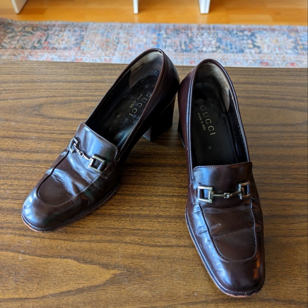 Vintage Brown Leather Gucci Heeled Loafers